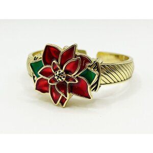 Vintage Gold Tone Enamel Poinsettia Cuff Style Bracelet Watch